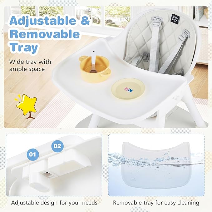 BABY JOY High Chair, 5 in 1 Convertible Highchair for Babies & Toddlers | Booster Seat | Table and Chair Set | Infant Feeding Chair with Removable Tray, Safety Harness, Removable Cushion (White)