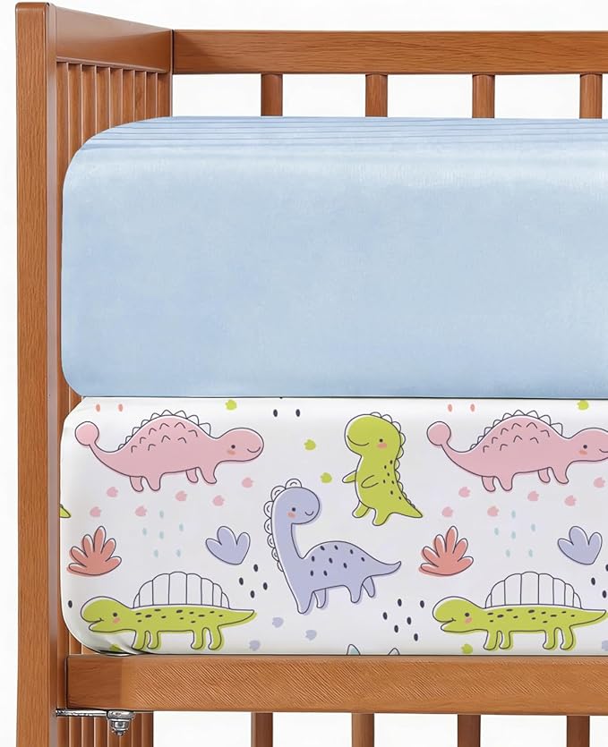 Baby Crib Sheets for Boys & Girls - Pack of 2 Fitted Microfiber Crib Sheets for Standard Crib & Toddler Mattress - Soft, Breathable and Wrinkle Free - Machine Washable - Oeko Tex - 52x28x8in - Dinos