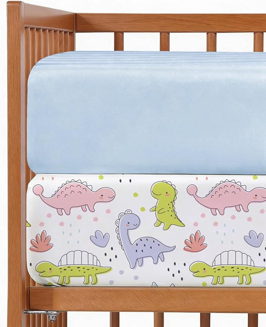 Baby Crib Sheets for Boys & Girls - Pack of 2 Fitted Microfiber Crib Sheets for Standard Crib & Toddler Mattress - Soft, Breathable and Wrinkle Free - Machine Washable - Oeko Tex - 52x28x8in - Dinos