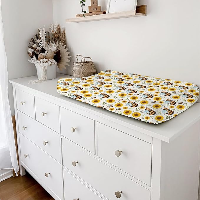 Cute Bees Sunflowers Leaves Changing Pad Cover Bees Boho Floral Diaper Change Table Pad Covers for Girls or Boys Soft Breathable Stretchy Snug Fitted Changing Sheets Mats Cover 32''x16''