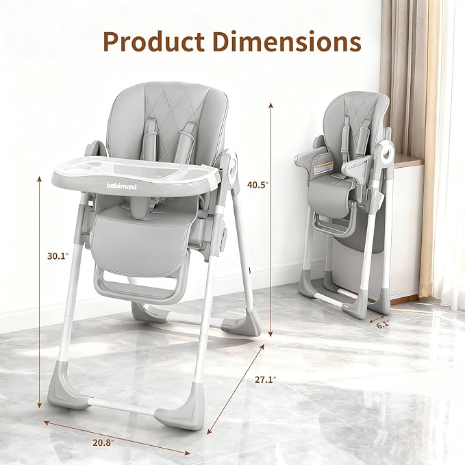 babimoni 4 in 1 High Chairs for Babies and Toddlers, Convertible Foldable Baby High Chairs, Feeding and Eating Seat Highchair with 4 Levels of Recline and 7 Levels of Height Adjustment, Gray