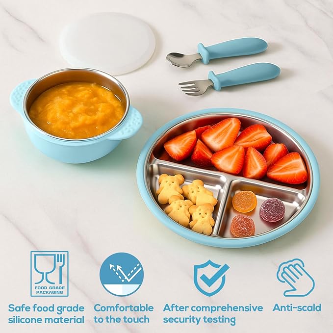 Mity rain Stainless Steel & Silicone Toddler Plates and Bowls Set with Suction,5-Piece Suction Plates & Bowls for Toddler,Removable Shell,Silicones Baby Plates for Independent Eating(Light Blue) ﻿