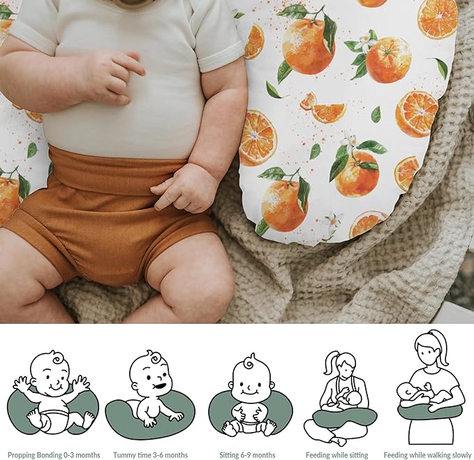 Watercolor Oranges Baby Nursing Pillow Covers for Boy Girl Orange Branches Flowers Leaves Nursery Slipcovers for Breastfeeding Pillows Summer Citrus Fruits Soft Stretchy Covers for Newborn Infant
