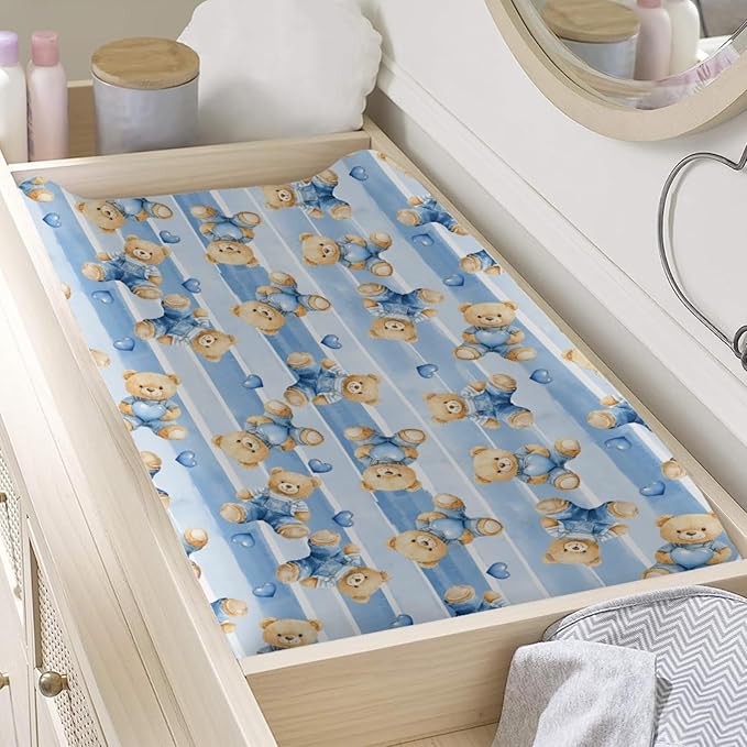 Cute Cartoon Bear Heart Stripes Baby Changing Pad Cover, Unisex Bear Nursery Diaper Changing Table Pad Mat Sheet for Boys Girls-16x32