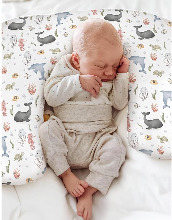 Watercolor Sea Animals Baby Nursing Pillow Covers for Boy Girl Whale Dolphin Turtle Jellyfish Coral Nursery Pillowcase for Breastfeeding Pillows Ocean Marine Soft Stretchy Slipcover for Newborn Infant