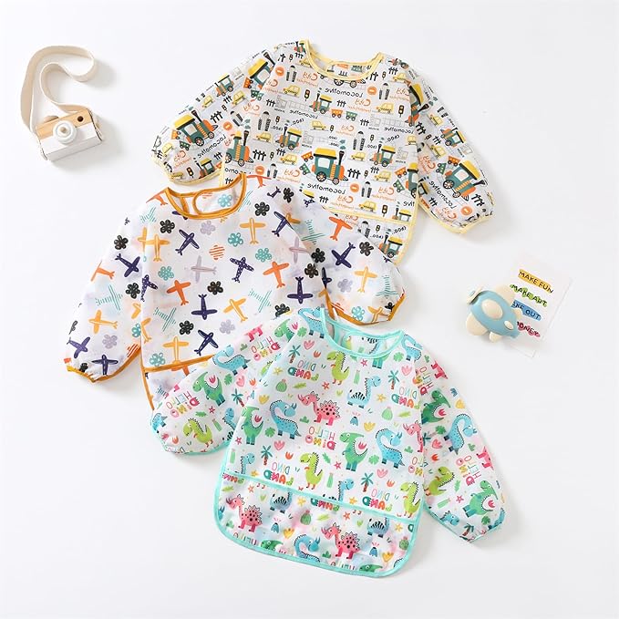 3 Pcs Waterproof Long Sleeves Baby Bibs Weaning Smock Bib 3-24 Months