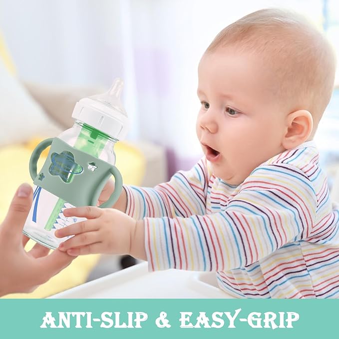 4 Pack Baby Bottle Handles, Silicone Bottle Handles for Dr Brown Wide-Neck Baby Bottles (White+Blue+Green+Grey)