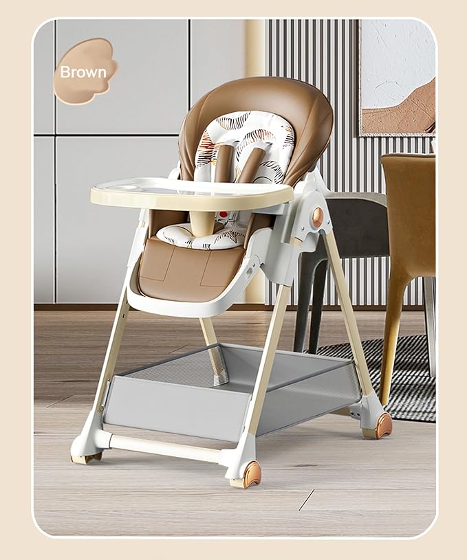 Magic ZC PU Leather Highchair, Adjustable Baby High Chair, High Chairs for Babies and Toddlers, Easy to Fold Baby Chair (808 Khaki)