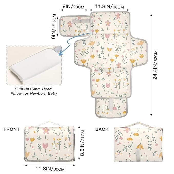 Reusable Changing pad Baby with Tissue Pocket Portable Changing pad for Baby Infant Travel Station Kit- Fresh Little Flowers