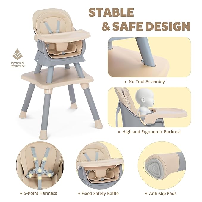 TODEFULL Baby High Chair, 8 in 1 Convertible Highchairs for Babies and Toddlers, Children Dining Booster Seat/Kids Building Block Table for Girls Boys, Baby Seat with Removable Tray, Khaki