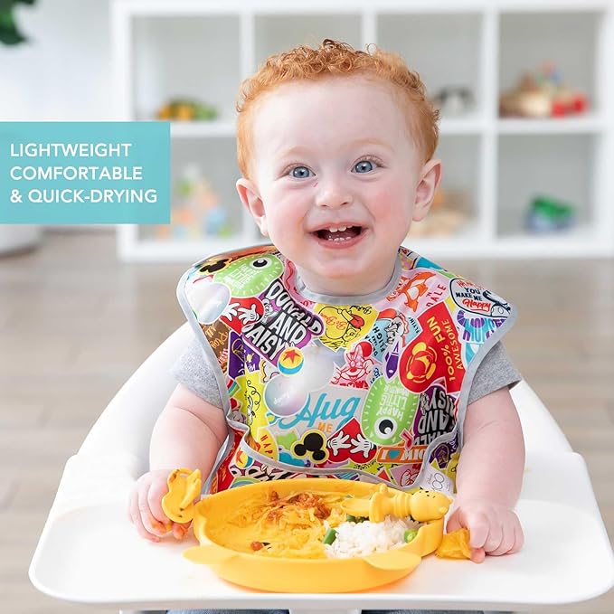 Bumkins Disney Bibs for Girl or Boy, SuperBib Baby and Toddler for 6-24 Months, Essential Must Have for Eating, Feeding, Baby Led Weaning, Mess Saving Catch Food, Fabric, 2-pk 100 Happy Faces