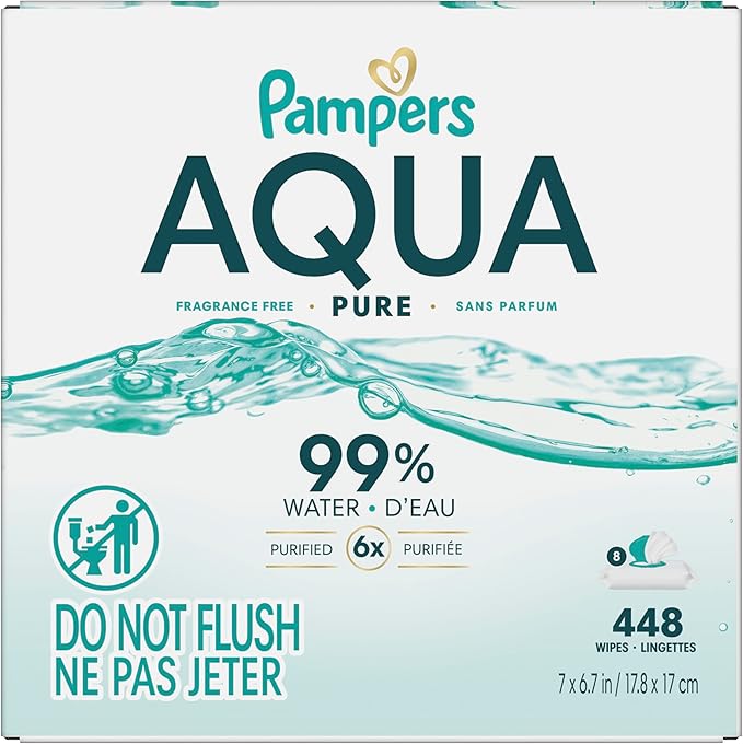Pampers Aqua Pure Baby Wipes, 99% Water, Fragrance Free, 448 Baby Wipes Total (8X Flip-Top Packs) [Packaging May Vary]