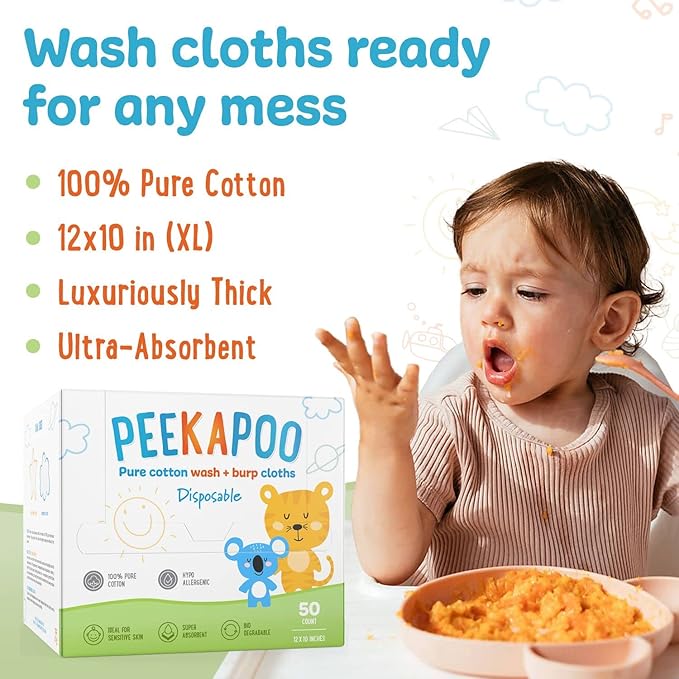 Peekapoo - Disposable Cotton Wash Cloths (50 Pack), Biodegradable, Soft, Thick, Baby Burp Cloths, Unscented, Hypoallergenic Burping Cloth, Sensitive Skin