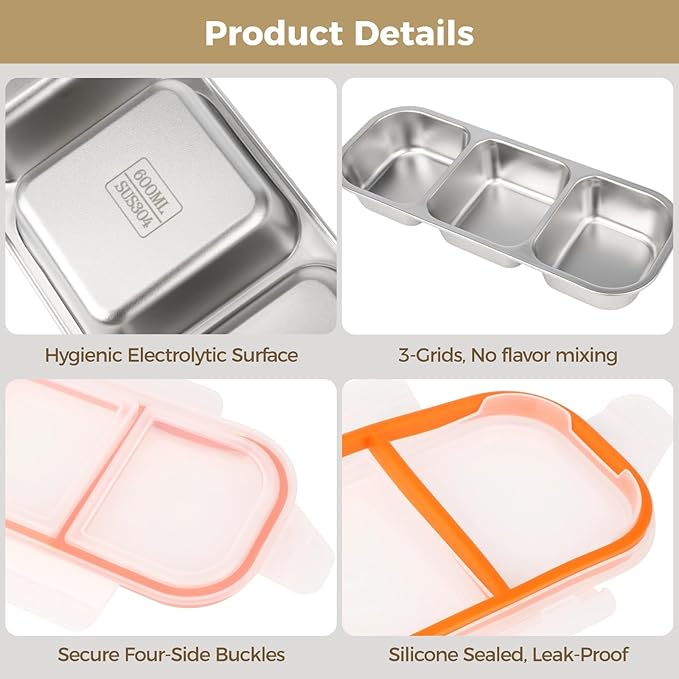 4 Pcs Stainless Steel Bento Boxes, 3-Compartment Snack Containers, Leak-Proof, Portable, Ideal for Home, Work, Travel