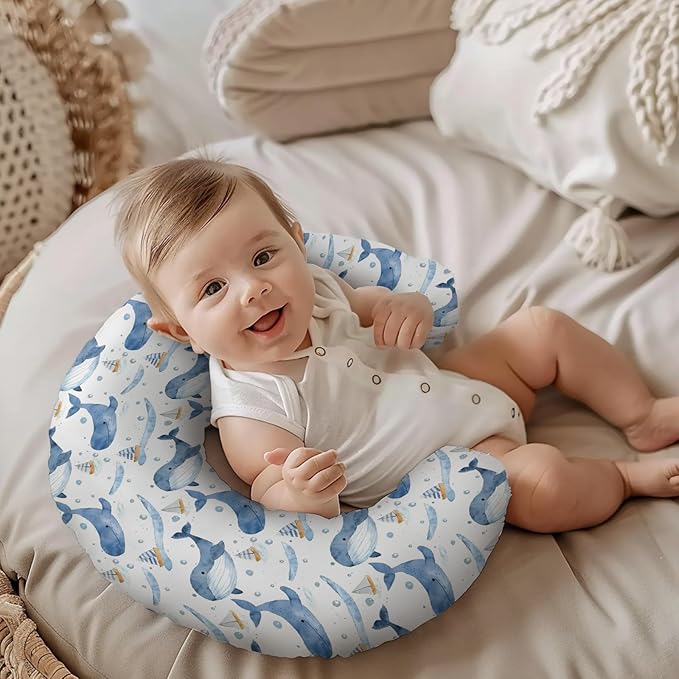 Watercolor Ocean Whale Pattern Nursing Pillow Cover, Unisex Sea Animals Sailboats Removable Breastfeeding Pillowcase Slipcover for Baby Girls Boys Newborns Toddlers, Cover Only