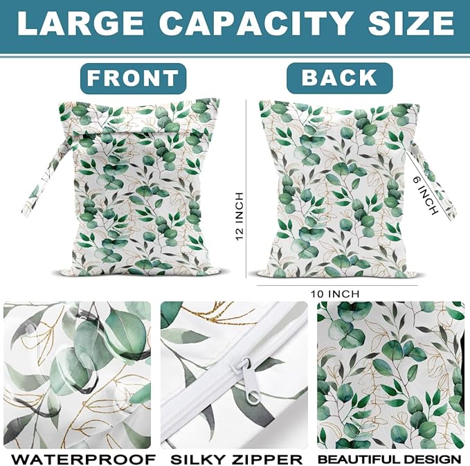 ZHAMEN 2Pcs Wet Bag, Wet Dry Bag Reusable with Zipper, Travel, Beach, Pool, Diapers, Dirty Yoga Gym Clothes, Makeup Bag, Waterproof Wetdry Packing, Green Eucalyptus Leaf Decore (12x10 Inch)
