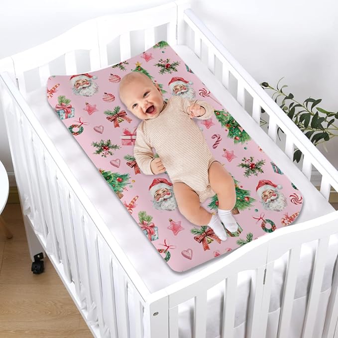 Vintage Pink Watercolor Santa Claus Baby Changing Pad Covers Retro Christmas Santa Trees Gift Candy Diaper Changing Table Sheets for Boy Girl Soft Stretchy Snug Fitted Change Table Mat 32''x16''