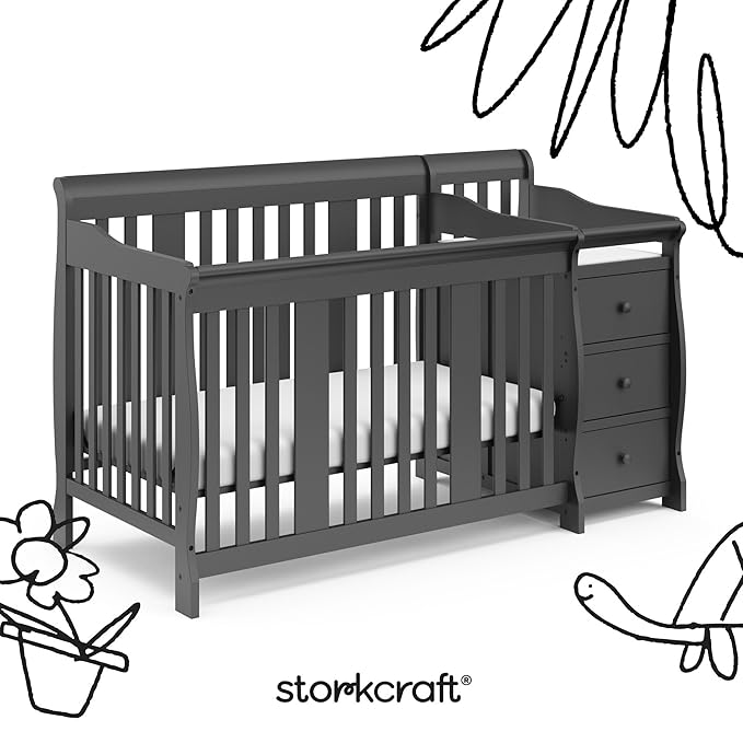Storkcraft Portofino 5-in-1 Convertible Crib and Changer – Crib and Changing Table Combo with Drawer, Converts to Toddler Bed, Daybed and Full-Size Bed, Storage Drawer (Gray)