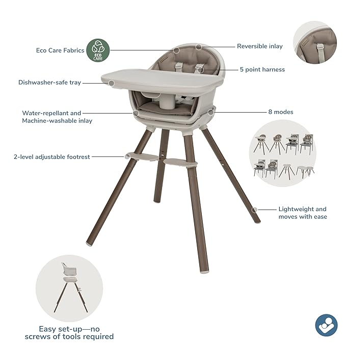 Maxi-Cosi Moa 8-in-1 High Chairs for Babies and Toddlers, Machine Washable Infant High Chair, Compact, Convertible High Chair Lightweight Design, Truffle