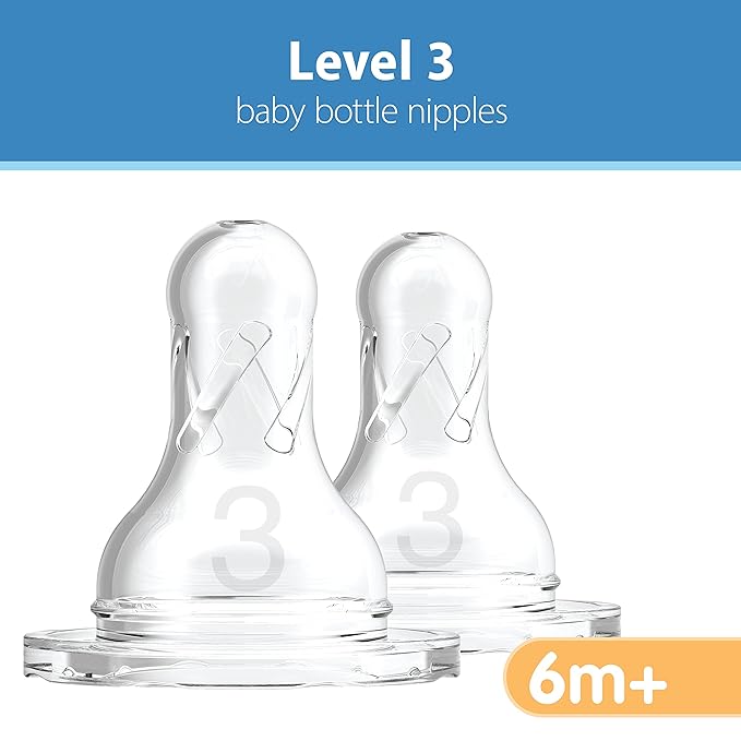 Dr. Brown's Natural Flow Level 3 Narrow and Wide-Neck Baby Bottle Silicone Nipples, Medium-Fast Flow, 6m+, 100% Silicone Bottle Nipples, 6 Pack