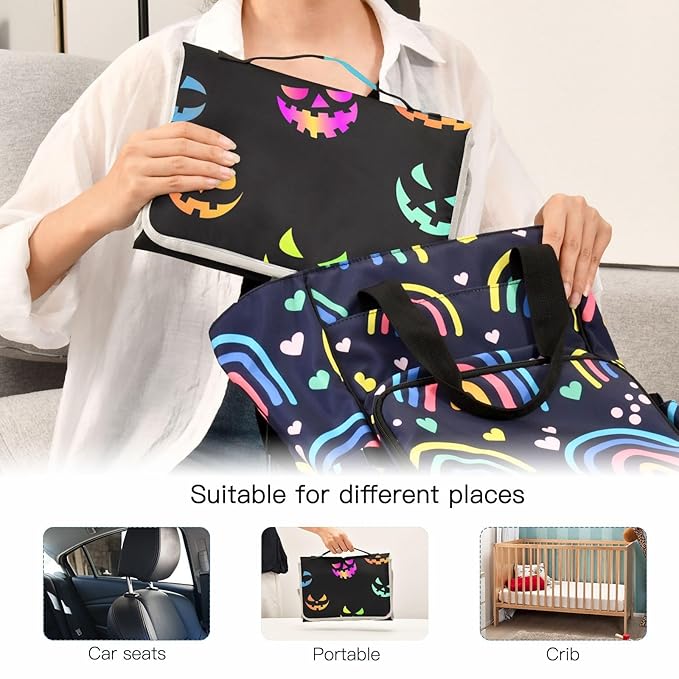 Colorful Pumpkins Halloween Portable Changing Pad for Unisex Baby Toddler Foldable Baby Changing Mat with Pillow & Shoulder Strap Travel Changing Station for Traveling Hiking Gift