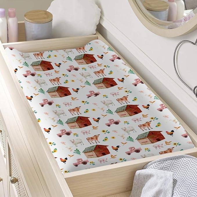 Watercolor Farm Animals Changing Pad Cover Barn Cow Lamb Pig Hen Duck Tractor Baby Diaper Changing Table Sheets for Boys Girls Soft Stretch Fitted Baby Changing Table Mats Covers 32''x16''