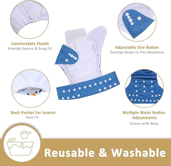 TDIAPERS Cloth Diapers Reusable Washable Pocket Diapers Cover One Size Adjustable for Baby 6 Pack with 12 Inserts