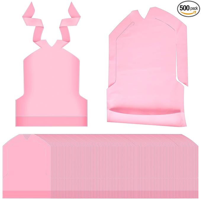 Skicuff 500 Pcs Disposable Plastic Bibs Bulk for Kids 11" x 15.75" Children Eating Bibs with Crumb Catcher for Toddlers (Watery Red)