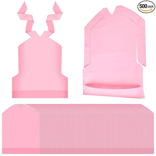Skicuff 500 Pcs Disposable Plastic Bibs Bulk for Kids 11" x 15.75" Children Eating Bibs with Crumb Catcher for Toddlers (Watery Red)