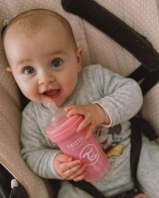 Twistshake Anti-Colic Baby Bottle with Powder Container and Mixer - 180ml | Fast Flow Silicone Breast-Like Nipple | BPA- Free Baby Milk Bottle | Comfort Feeding Experience for Babies (Pastel Pink)