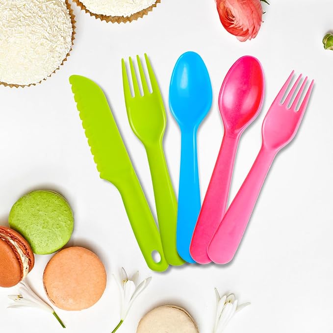 Jawbush 16 Pcs Kids Plastic Utensils, Reusable Toddler Feeding Utensils with 8 Forks and 8 Spoons, Colorful Kids Silverware Cutlery Set for School Lunch Box, BPA Free Dishwasher Safe