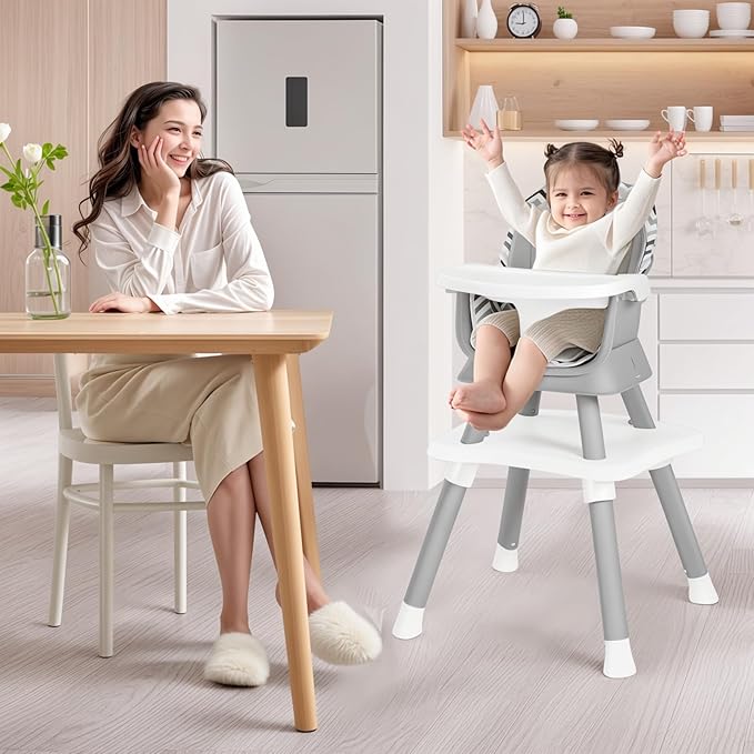 Kinder King 8 in 1 Baby High Chair, Coverts to Dining Booster Seat/Kids Table & Chair Set/Toddler Building Block Table/Kids Stool, Removable Tray & Double Seat Cover, Easy to Wipe, Wavy Grain