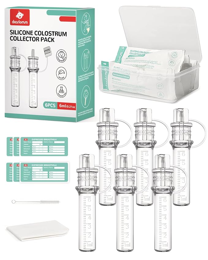 dearlomum Colostrum Collector Kit Breast Milk Collector 6ml/6pcs,Reusable, Heat & Freezer Resistant, BPA-Free, with Cotton Cloth Wipe, Storage Case, Cleaning Brush