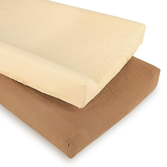 Hooyax Baby Changing Pad Cover 2-Pack, Muslin Soft Breathable Changing Table Pad Covers for Nursery, Easy Care Changing Pad Sheets for Girls and Boys(Brown, Wheat)