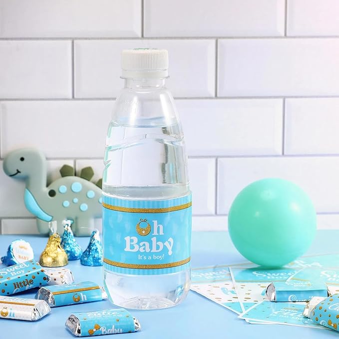 Teling 80 Pieces Baby Shower Water Bottle Labels Waterproof Water Bottle Stickers Wrappers Labels for Baby Shower Party Decoration(Blue Boy Style)