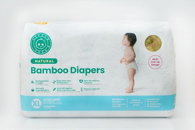 Little Toes Natural Bamboo Disposable Baby Diapers - Hypoallergenic, Sensitive Skin Safe, Patented Viscose, Day & Overnight 100% Absorbency and Leak Protection, Eco Friendly (Size 5 X-Large 36 Count)
