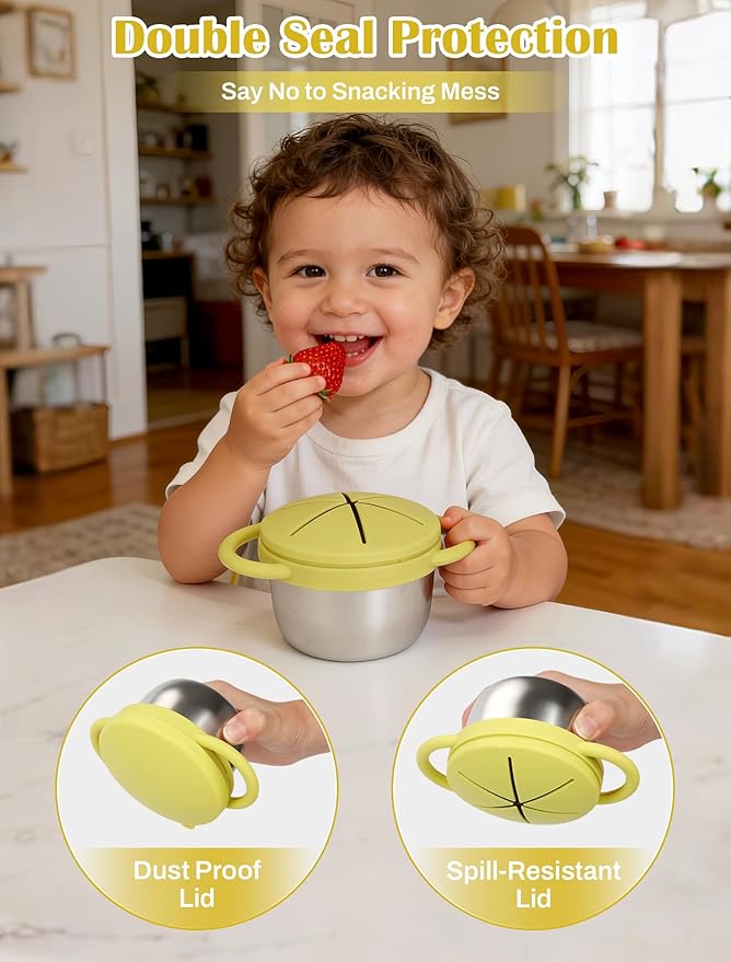 2 Pack Stainless Steel Snack Cups for Toddlers Spill Proof, Toddler Snack Containers with Spill-Proof Silicone Lids & Handles, Dishwasher Safe Perfect for Mess-Free Snacking (Yellow+ Beige)