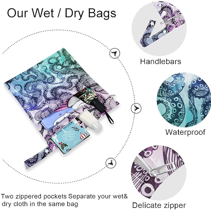 visesunny Abstract Octopus Hipster 2Pcs Wet Bag with Zippered Pockets Washable Reusable Roomy Diaper Bag for Travel,Beach,Daycare,Stroller,Diapers,Dirty Gym Clothes,Wet Swimsuits,Toiletries