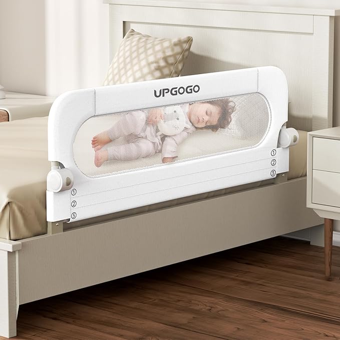 UPGOGO Folding Bed Rail for Toddlers,Baby Bed Rail Guard with Reinforced Anchor Safety System,Fit Bunk,Full Size,Queen,King,Twin(White,43"x23.6")