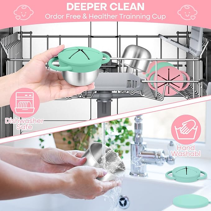 2-Pack Stainless Steel Snack Cup for Toddlers Spill-Proof, Baby Food Containers with Removable Silicone Lids & Handles | Dishwasher Safe, BPA-Free On-the-Go Kids Snack Containers Box