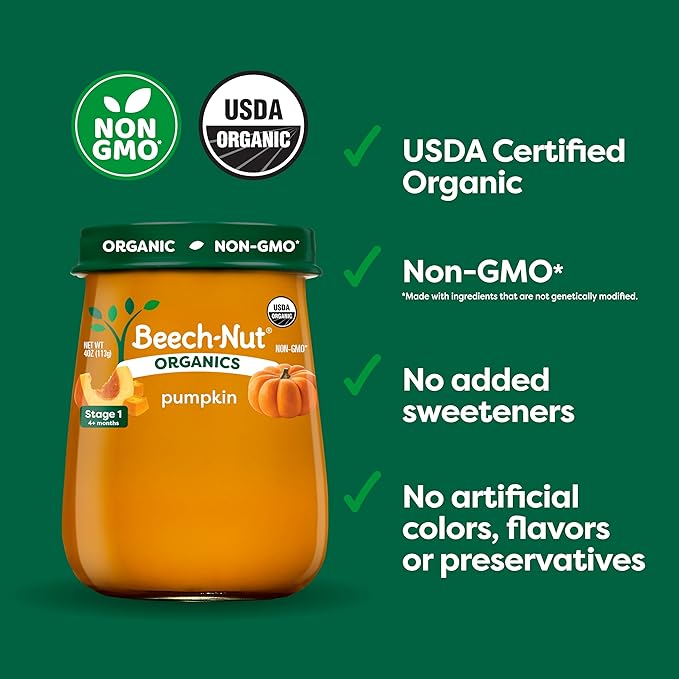 Beech-Nut Organics Stage 1 Organic Baby Food, Pumpkin, 4 oz Jar (10 Pack)