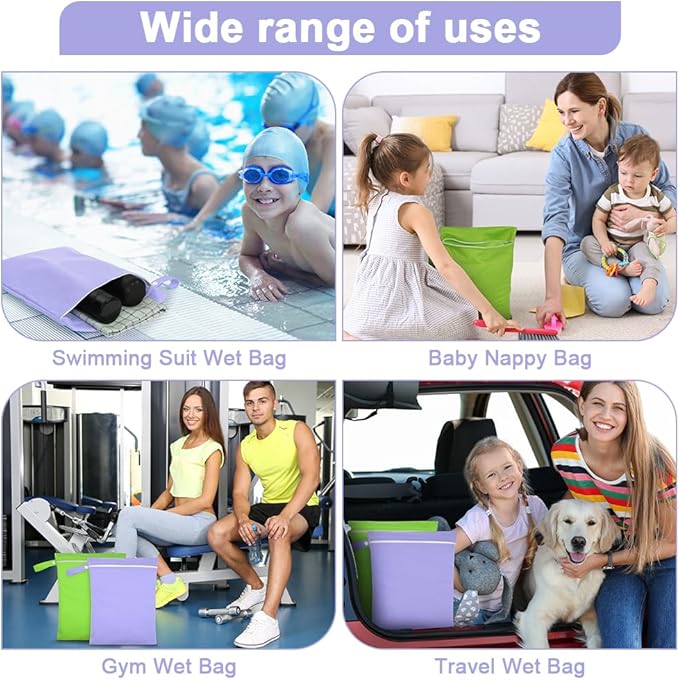 2PCS Wet Bags, Reusable Cloth Diaper Bags with Handle and Zipper, Lightweight Waterproof Travel Laundry Bag, Washable Wet Dry Bag for Baby Items Travel Beach Swimming Gym Camping(Green&Purple)