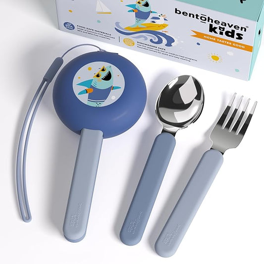 Bentoheaven Kids Travel Utensils with Case, Food-Grade Stainless Steel & BPA-Free Plastic, Travel Kid Cutlery Set, Dishwasher Safe Fork, Spoon & Case, Reusable Flatware, Silverware for Kids (Shark)