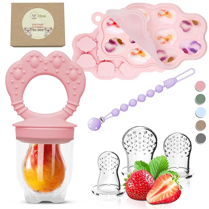 Set 1 : O’doe Silicone Baby Popsicle Molds & 1 Baby Food Feeders with 1 Clip, 1-Pack Freezer Tray with Lid, 10-Hole Popsicle Molds for Teething Relief, Includes 3 Extra Pacifiers, BPA Free (Pink)