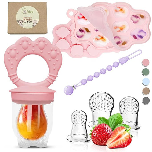Set 1 : O’doe Silicone Baby Popsicle Molds & 1 Baby Food Feeders with 1 Clip, 1-Pack Freezer Tray with Lid, 10-Hole Popsicle Molds for Teething Relief, Includes 3 Extra Pacifiers, BPA Free (Pink)