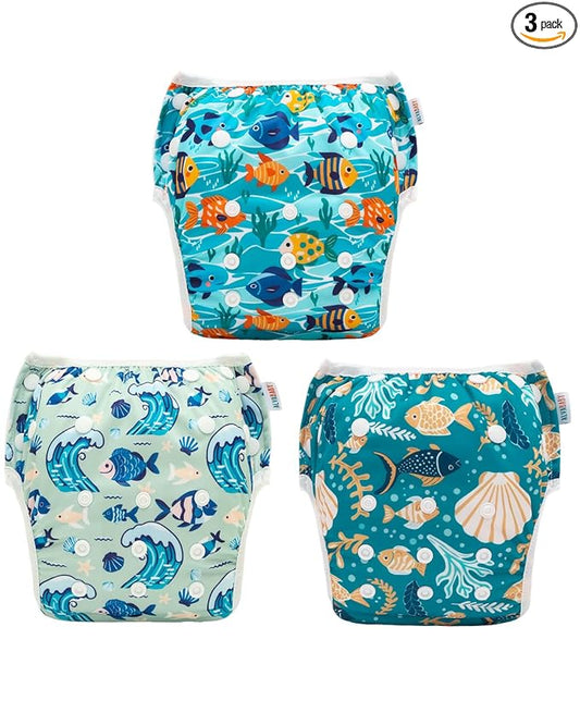 ALVABABY Large Cloth Swim Diaper 3pcs Baby Toddler Infant Snap Reusable Adjustable Swimming Diaper Baby Boy and Girl 3ZSWY77