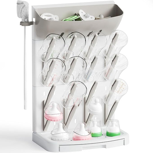 SuoXing Vertical Baby Bottle Drying Rack with Brush- Hold 16 Bottles - Large Breast Pump,Bottle Dryer Rack for Kitchen Countertop,Space Saving Bottle Stand Holder for Pacifiers,Pump Accessories,Grey