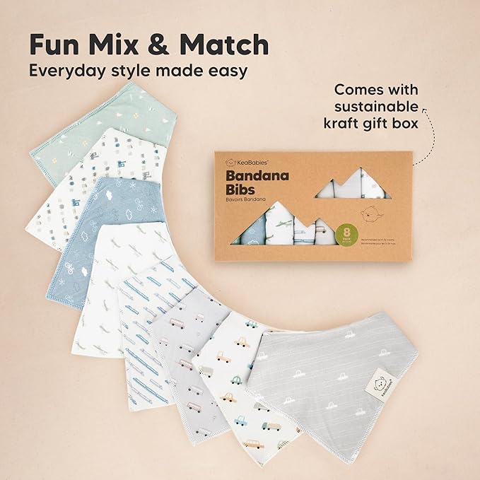 KeaBabies 8-Pack Organic Baby Bandana Bibs for Boys, Girls - Super Absorbent Triangle Baby Bibs for Drooling and Teething Infant, 100% Cotton Extra Soft for Newborn, Infant 0-36 Months (Vessels)