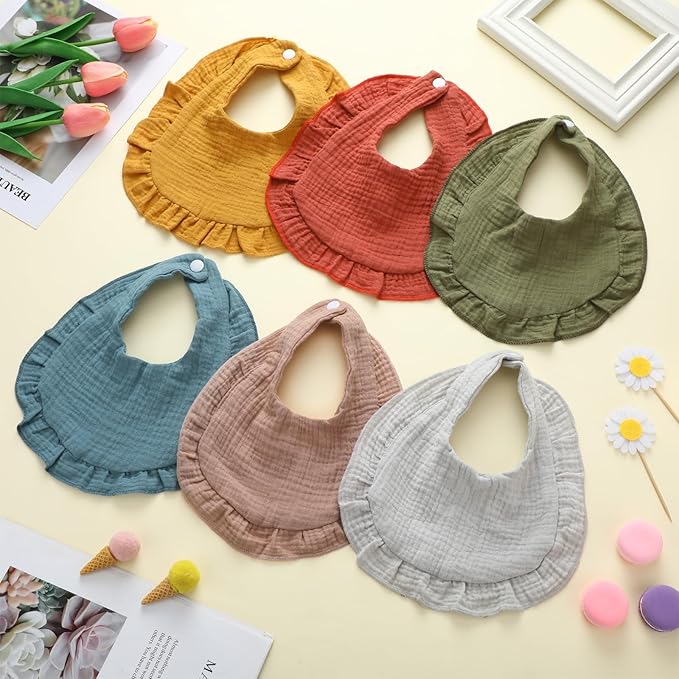 Seematn 10 Pcs Baby Muslin Bibs for Unisex Girls & Boys Drool Bibs Bandana Ruffle Soft Cotton for Newborn Infants Toddlers(Classic Colors)