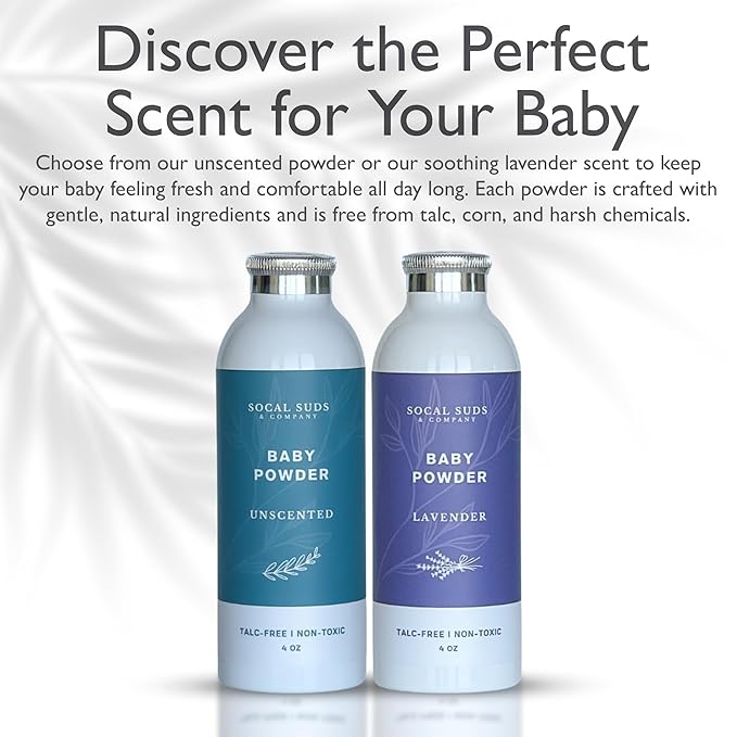 SoCal Suds & Company - Natural Baby Powder Talc-Free - Newborn Essentials with Arrowroot Powder, Kaolin, Aspen Bark Extract for Soft Soothing Protected Skin - Gentle Absorption - Fragrance Free, 4oz